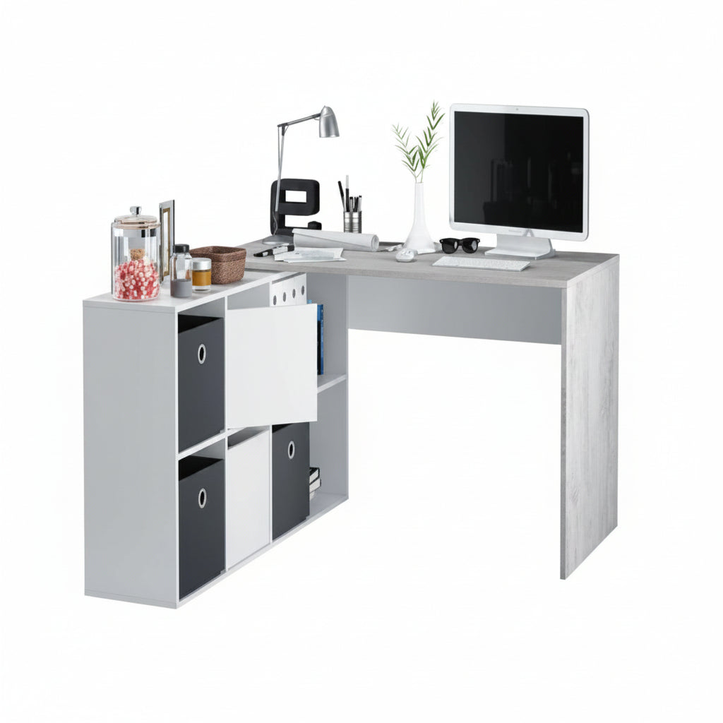 Amos Mann Furniture Pellegrini white and concrete grey flexi corner desk in a modern home office setting