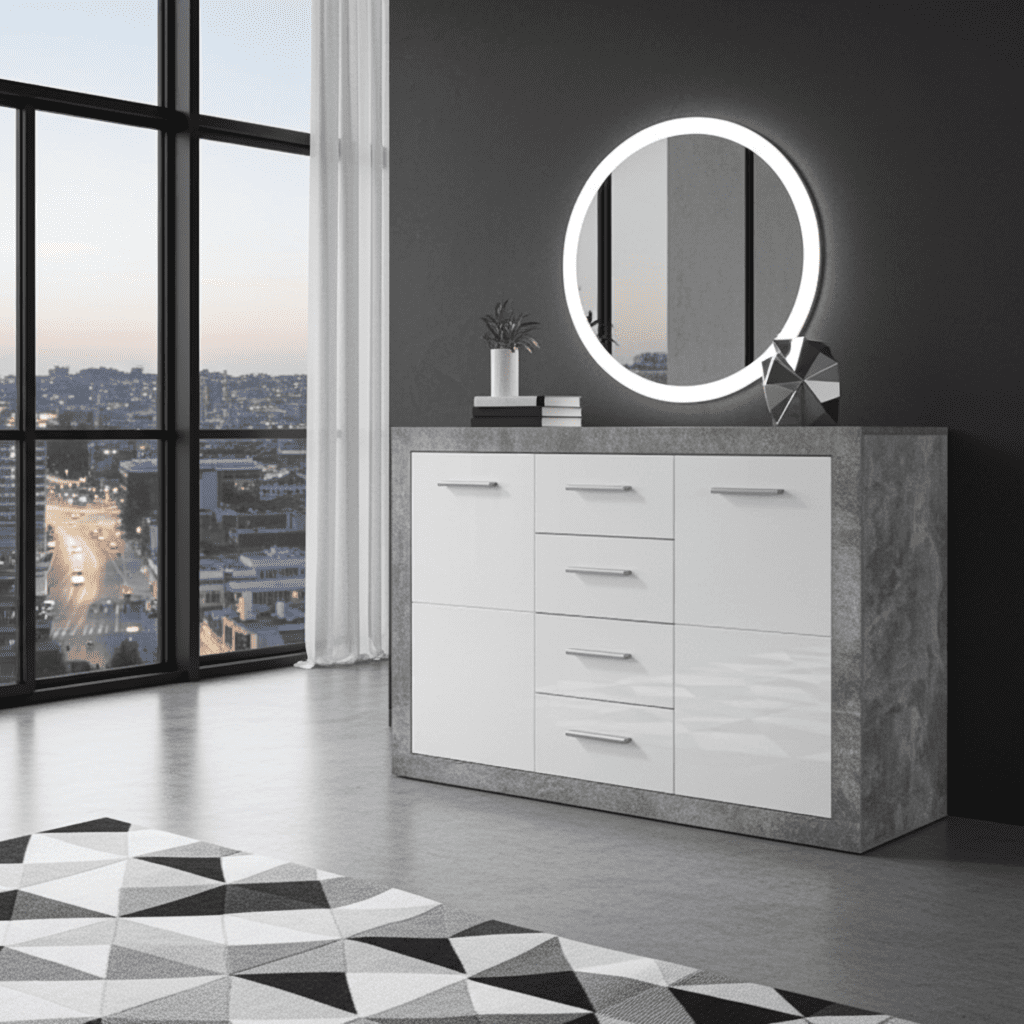 Amos Mann Furniture Pietra grey and white gloss sideboard in a modern dining room setting
