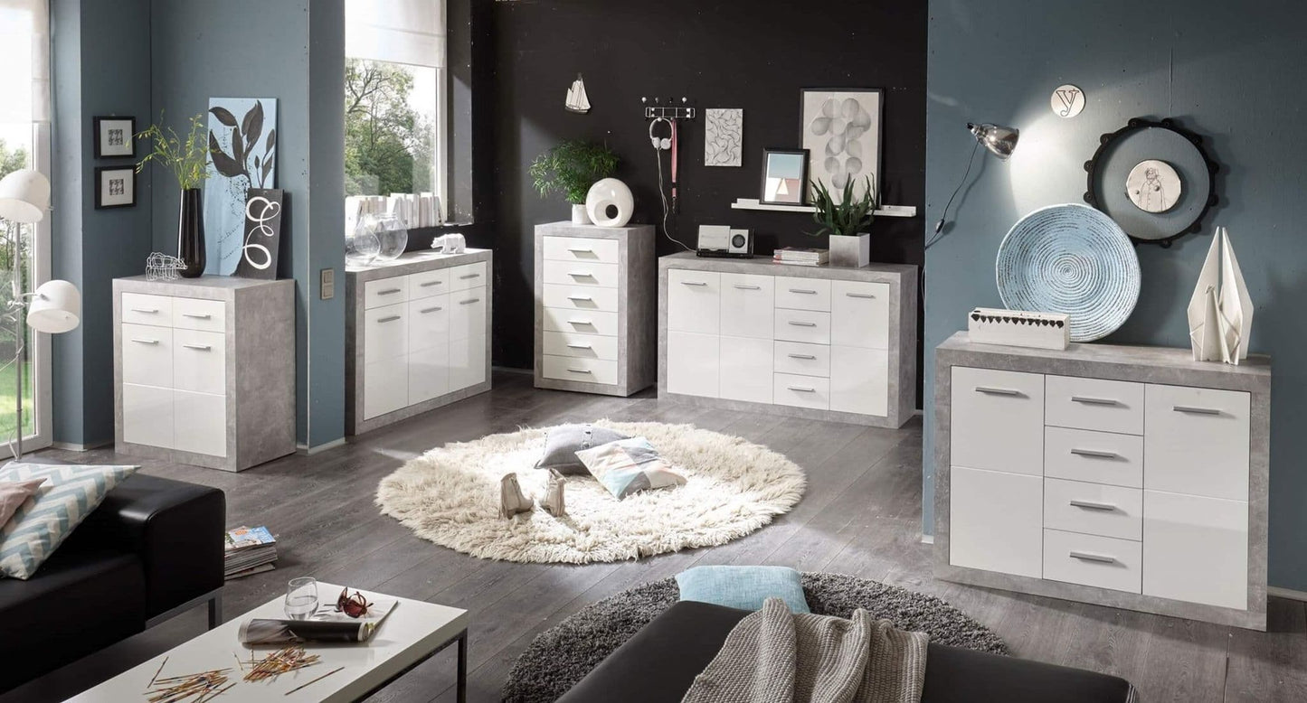 Amos Mann Furniture Pietra grey and white gloss sideboard in a modern dining room setting