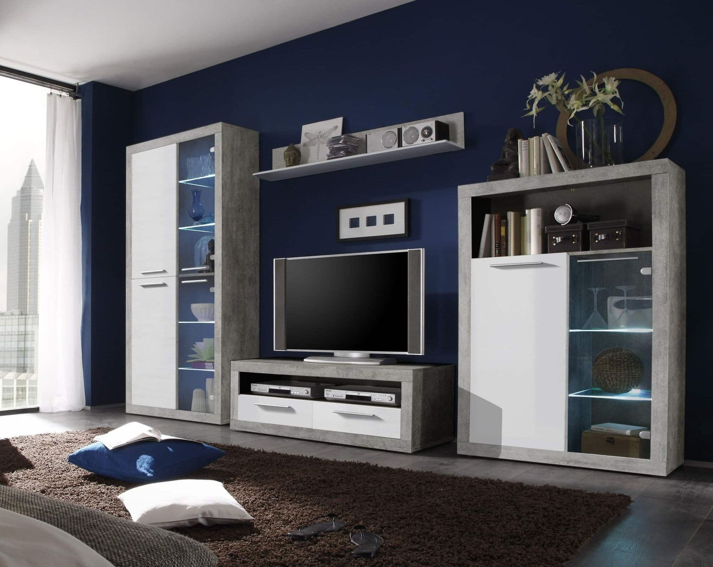 Amos Mann Furniture Pietra grey and white gloss TV cabinet in a modern living room setting