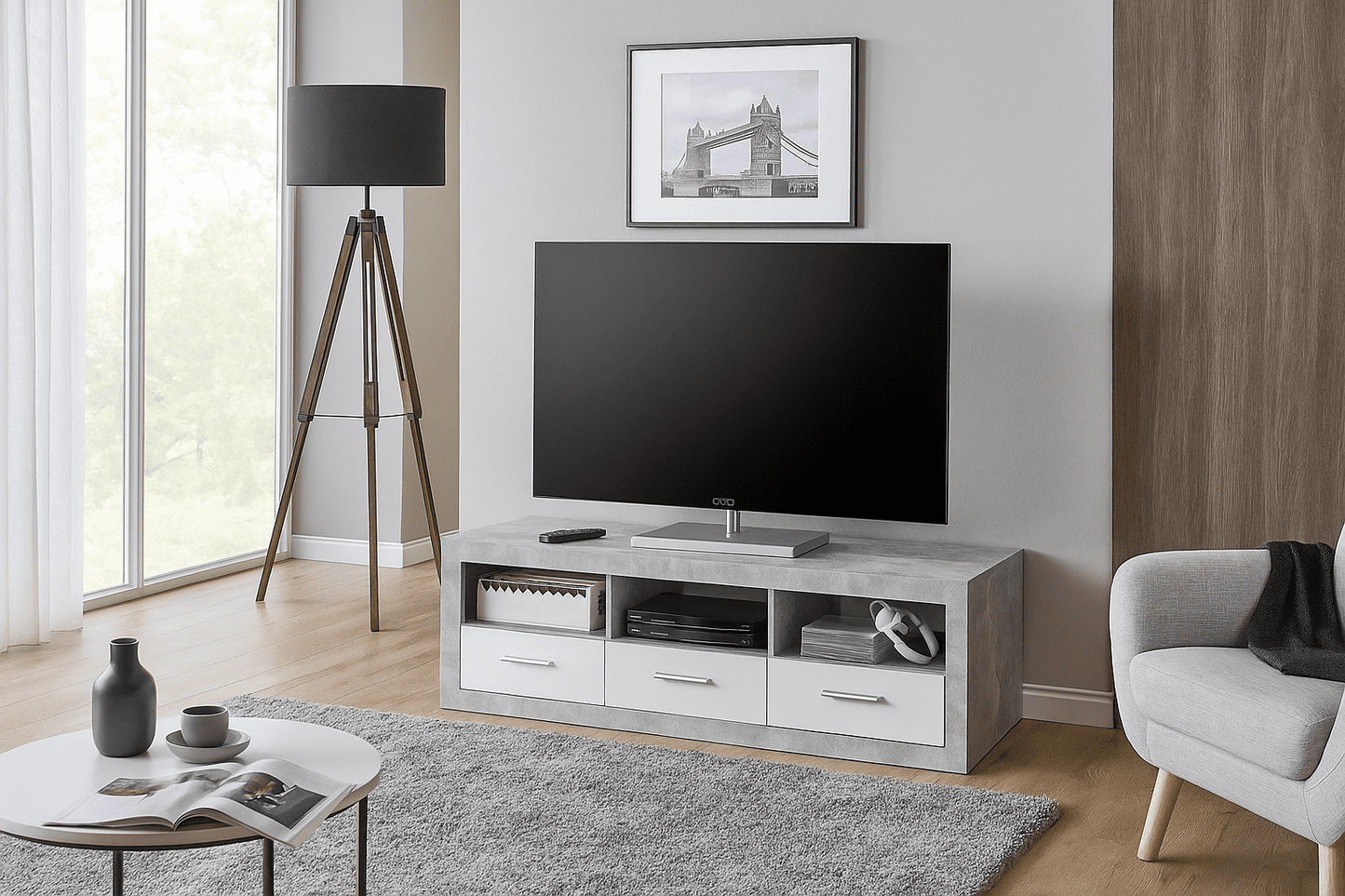 Amos Mann Furniture Pietra grey and white gloss TV cabinet in a modern living room setting