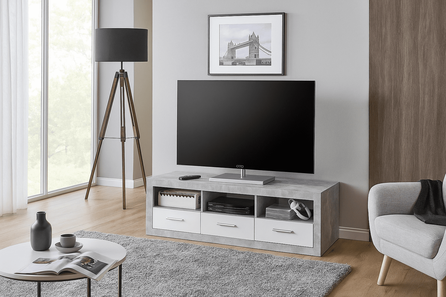 Amos Mann Furniture Pietra grey and white gloss TV cabinet in a modern living room setting
