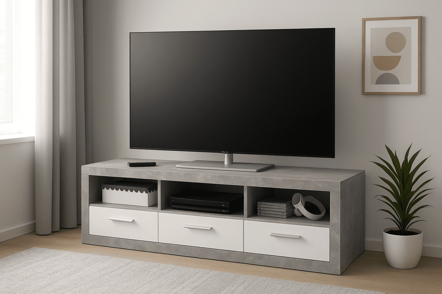 Amos Mann Furniture Pietra grey and white gloss TV cabinet in a modern living room setting