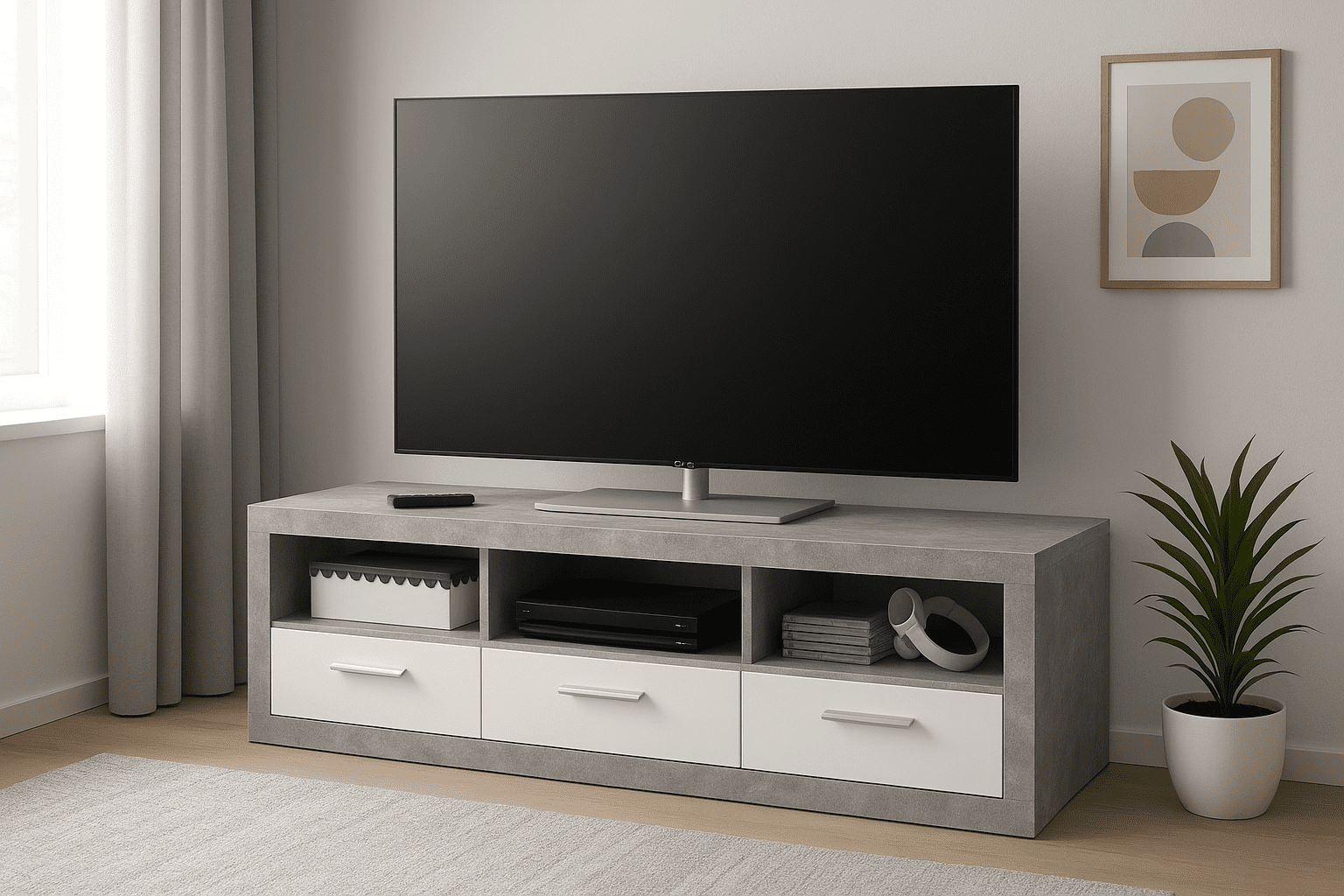 Amos Mann Furniture Pietra grey and white gloss TV cabinet in a modern living room setting