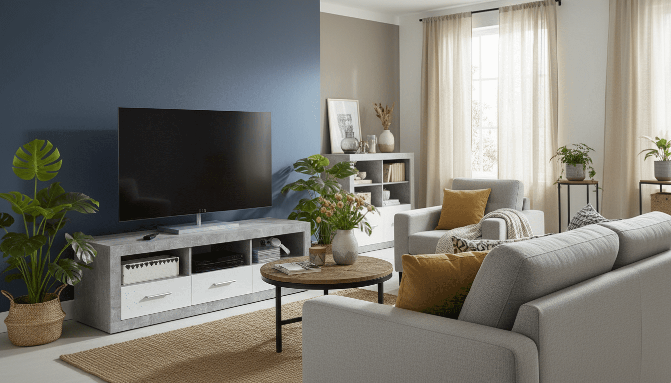 Amos Mann Furniture Pietra grey and white gloss TV cabinet in a modern living room setting