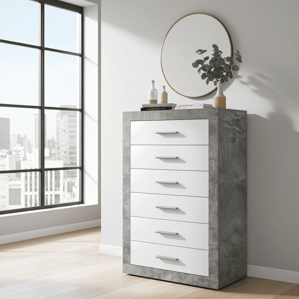 Amos Mann Furniture Pietra chest showing the 6 drawers with metal runners