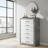 Amos Mann Furniture Pietra chest showing the 6 drawers with metal runners