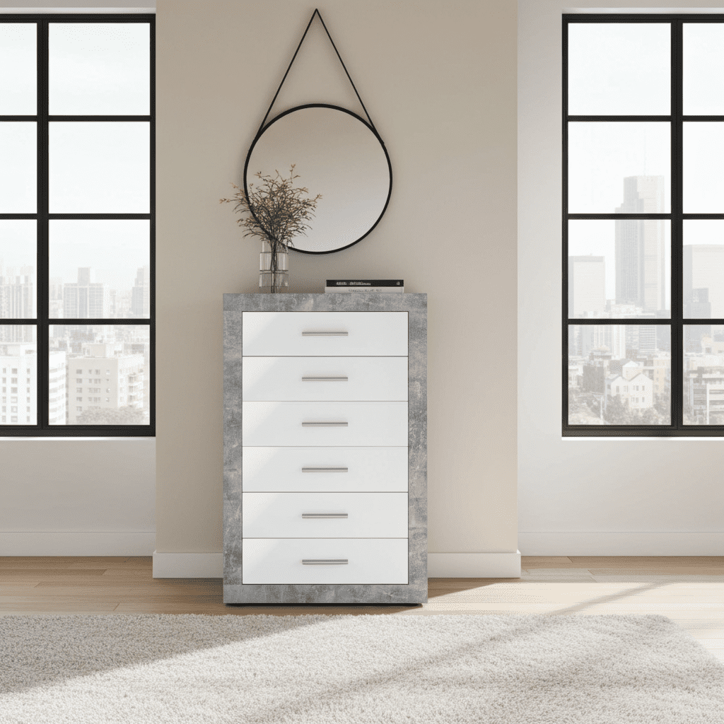 Amos Mann Furniture Pietra chest showing the 6 drawers with metal runners