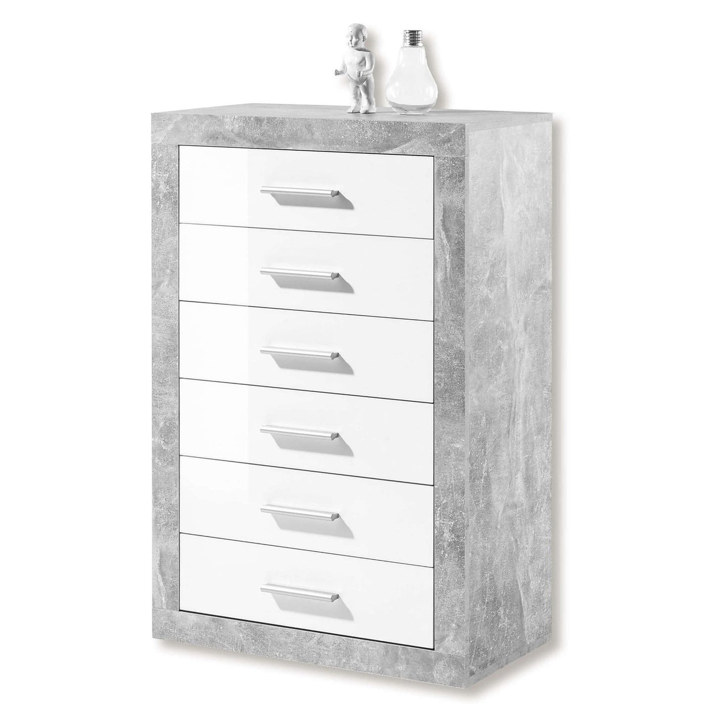 Amos Mann Furniture Pietra chest showing the 6 drawers with metal runners