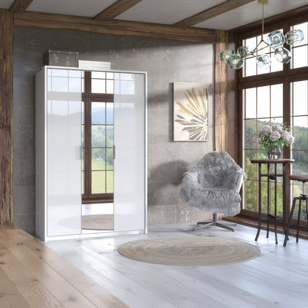 Rado White High Gloss 3 Door Mirrored Wardrobe – Shelves & Hanging Rail | Amos Mann Furniture