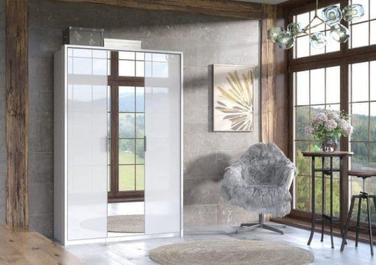 Amos Mann Furniture Rado white high gloss 3 door mirrored wardrobe in a modern bedroom setting