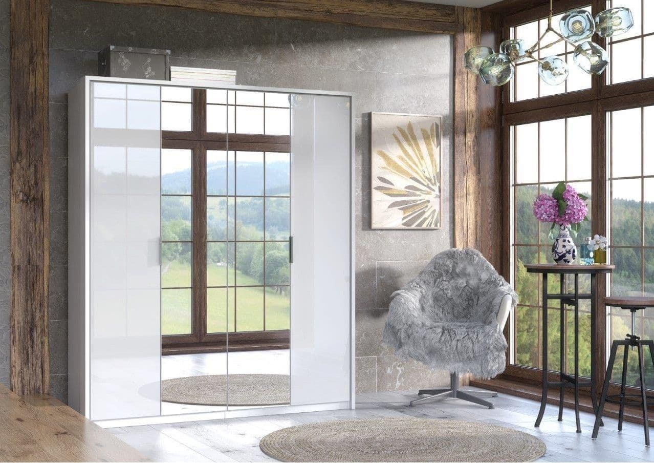 Amos Mann Furniture Rado white high gloss 4 door mirrored wardrobe in a modern bedroom setting