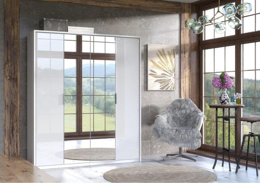 Amos Mann Furniture Rado white high gloss 4 door mirrored wardrobe in a modern bedroom setting