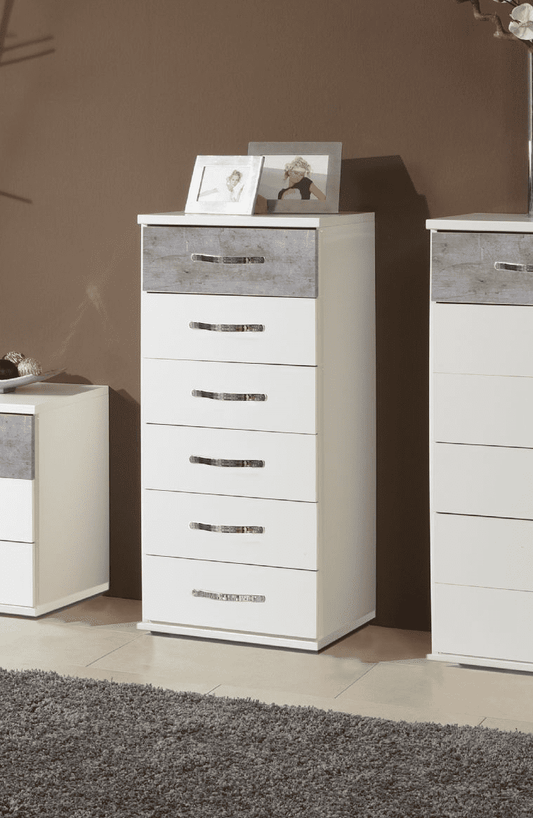 Ramina Concrete Grey & White Narrow Chest – 6 Drawers | Amos Mann Furniture