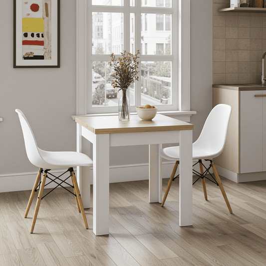 Lifestyle view of Amos Mann Furniture Riccardo white and light oak extending dining table in a stylish contemporary kitchen