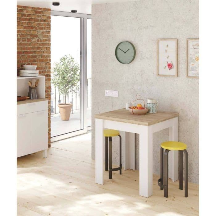 Lifestyle view of Amos Mann Furniture Riccardo white and light oak extending dining table in a stylish contemporary kitchen