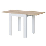 Lifestyle view of Amos Mann Furniture Riccardo white and light oak extending dining table in a stylish contemporary kitchen