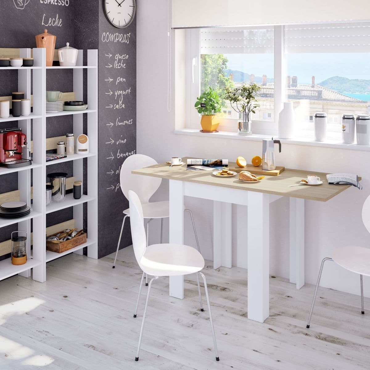 Lifestyle view of Amos Mann Furniture Riccardo white and light oak extending dining table in a stylish contemporary kitchen