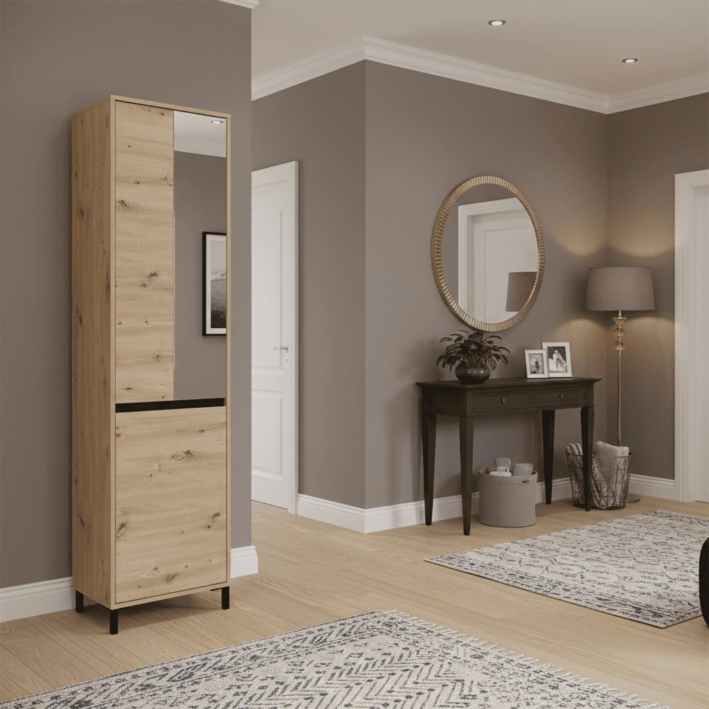 Amos Mann Furniture Rosmara artisan oak slim hallway wardrobe with pull-out hanging rail in a modern hallway setting
