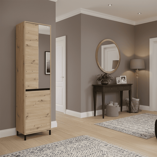 Amos Mann Furniture Rosmara artisan oak slim hallway wardrobe with pull-out hanging rail in a modern hallway setting
