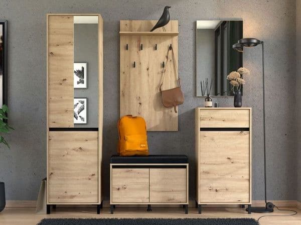 Amos Mann Furniture Rosmara artisan oak slim hallway wardrobe with pull-out hanging rail in a modern hallway setting
