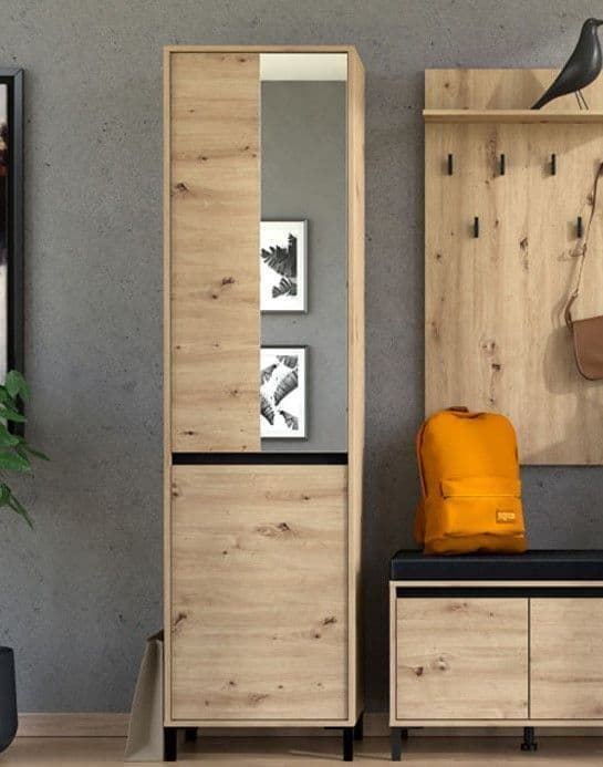 Amos Mann Furniture Rosmara artisan oak slim hallway wardrobe with pull-out hanging rail in a modern hallway setting