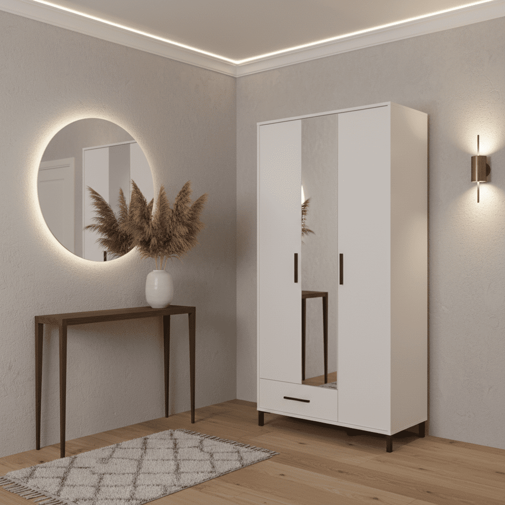 Amos Mann Furniture Saltbay white mirrored hallway wardrobe in a modern narrow hallway setting