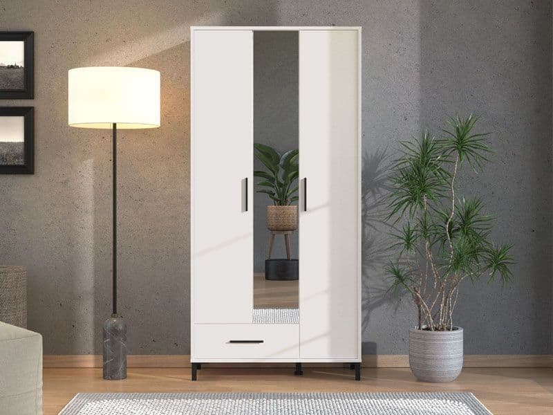Amos Mann Furniture Saltbay white mirrored hallway wardrobe in a modern narrow hallway setting