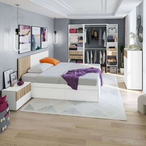 Salvador Natural Oak & White Open Wardrobe – 2 Rails, 3 Drawers & 8 Shelves | Amos Mann Furniture