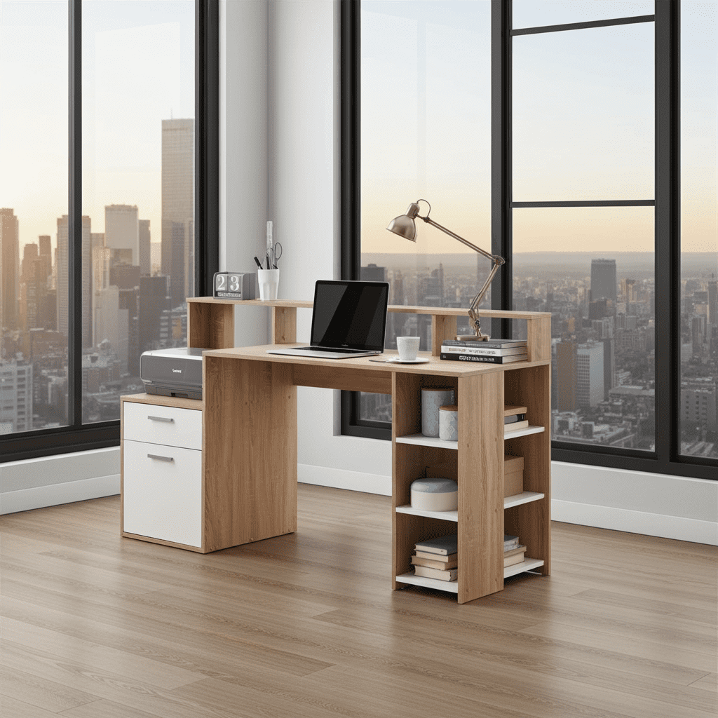 Amos Mann Furniture Sansa white and oak desk with hutch in a modern home office setting