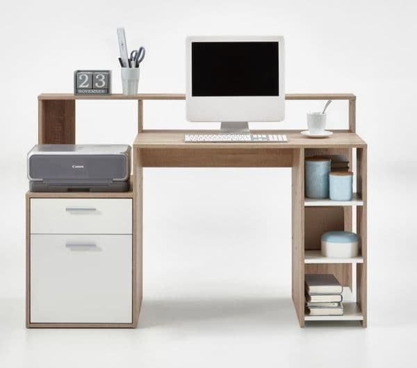 Amos Mann Furniture Sansa white and oak desk with hutch in a modern home office setting