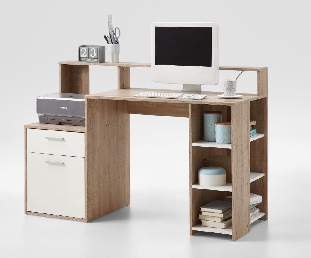 Amos Mann Furniture Sansa white and oak desk with hutch in a modern home office setting