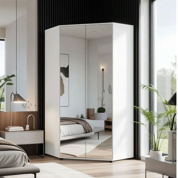 Amos Mann Furniture Santino mirrored corner wardrobe in a modern bedroom setting