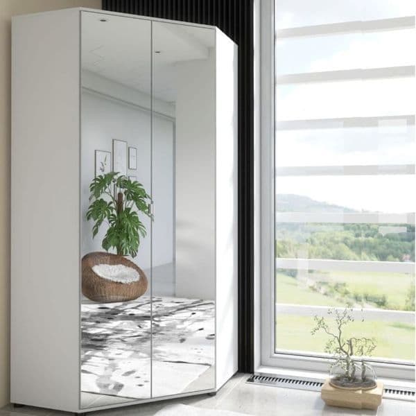 Amos Mann Furniture Santino mirrored corner wardrobe in a modern bedroom setting