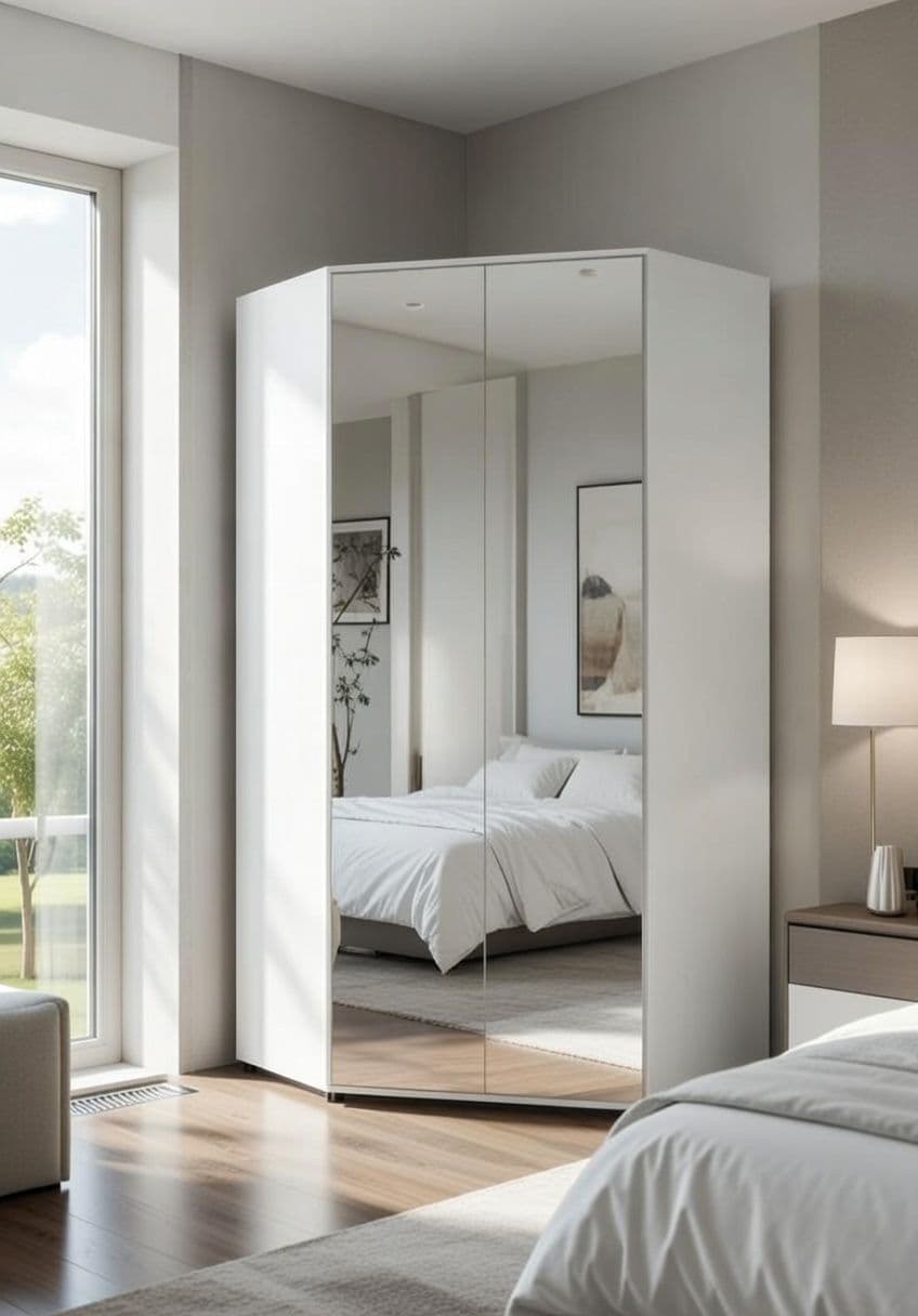 Amos Mann Furniture Santino mirrored corner wardrobe in a modern bedroom setting