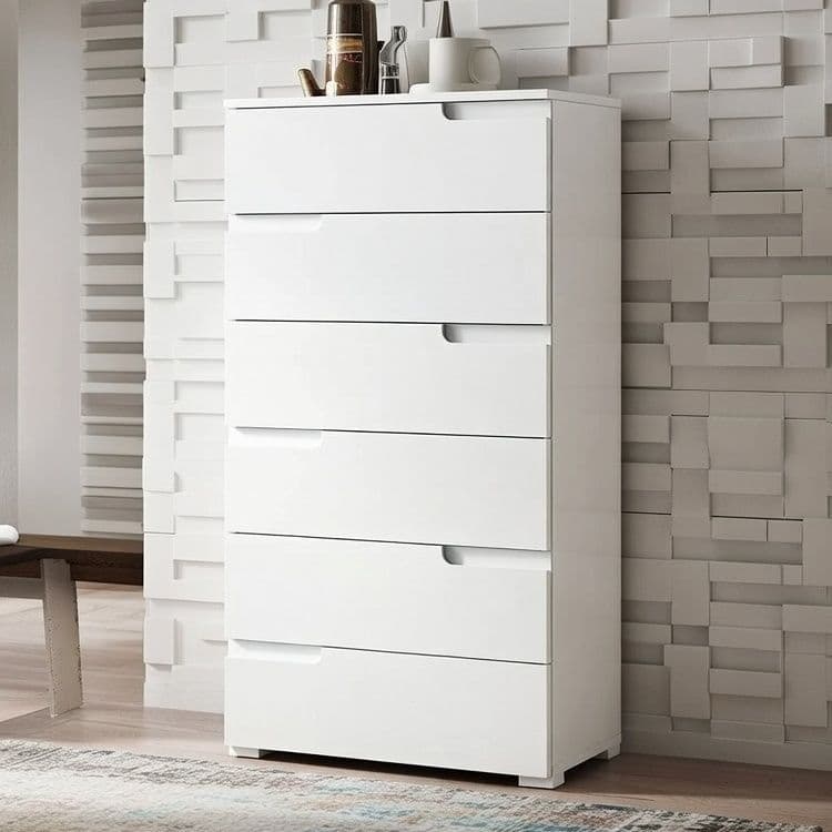 Lifestyle view of Amos Mann Furniture Santino white high gloss tall chest in a stylish contemporary bedroom