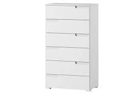 Lifestyle view of Amos Mann Furniture Santino white high gloss tall chest in a stylish contemporary bedroom