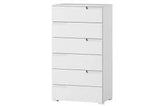 Lifestyle view of Amos Mann Furniture Santino white high gloss tall chest in a stylish contemporary bedroom