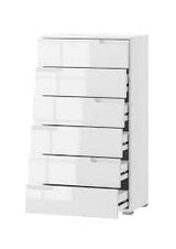 Lifestyle view of Amos Mann Furniture Santino white high gloss tall chest in a stylish contemporary bedroom