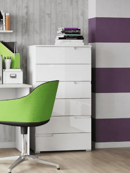 Lifestyle view of Amos Mann Furniture Santino white high gloss tall chest in a stylish contemporary bedroom