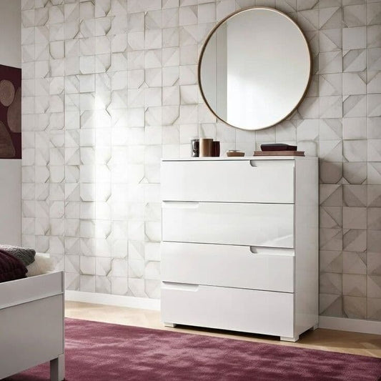 Lifestyle view of Amos Mann Furniture Santino white high gloss chest of drawers in a stylish contemporary interior