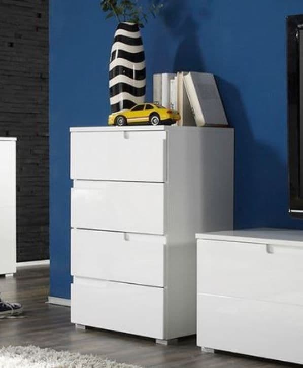 Lifestyle view of Amos Mann Furniture Santino white high gloss chest of drawers in a stylish contemporary interior