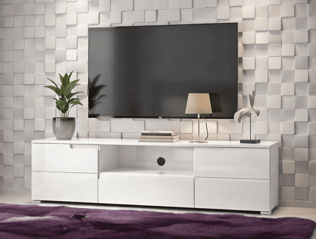 Amos Mann Furniture Santino white high gloss TV cabinet in a modern living room setting