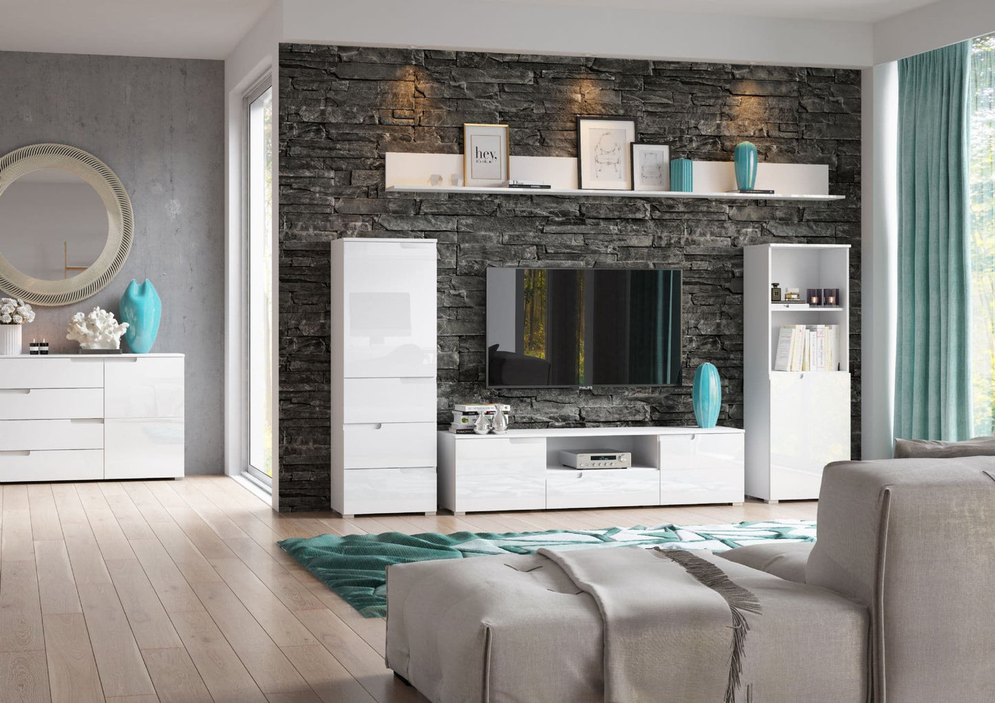 Amos Mann Furniture Santino white high gloss TV cabinet in a modern living room setting