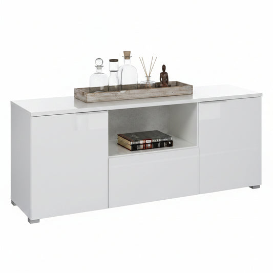 Amos Mann Furniture Santino white high gloss TV cabinet in a modern living room setting