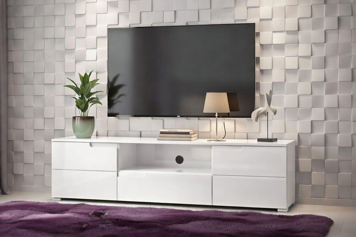 Amos Mann Furniture Santino white high gloss TV cabinet in a modern living room setting