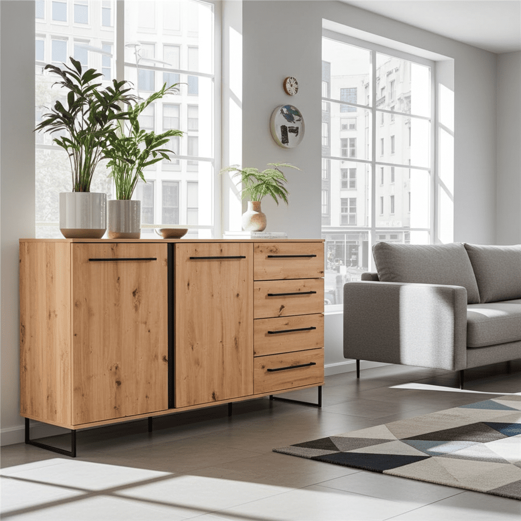 Amos Mann Furniture Sorrento rustic oak sideboard in a modern dining room setting
