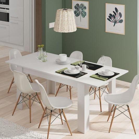 Amos Mann Furniture Tevez white extending dining table in a modern dining room setting