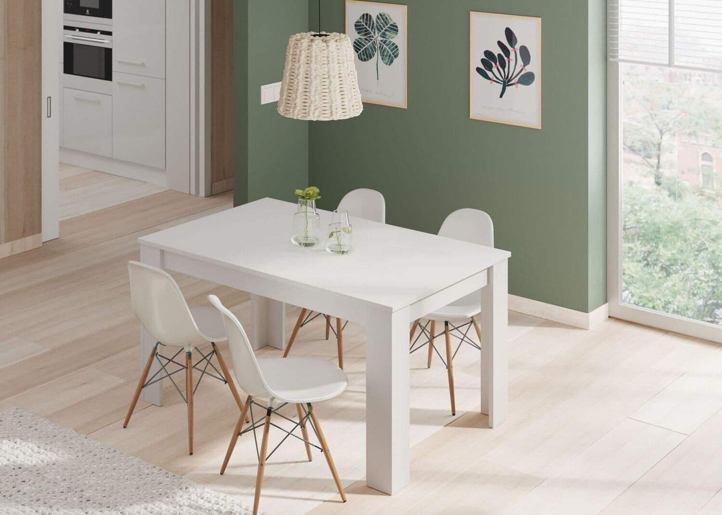 Amos Mann Furniture Tevez white extending dining table in a modern dining room setting