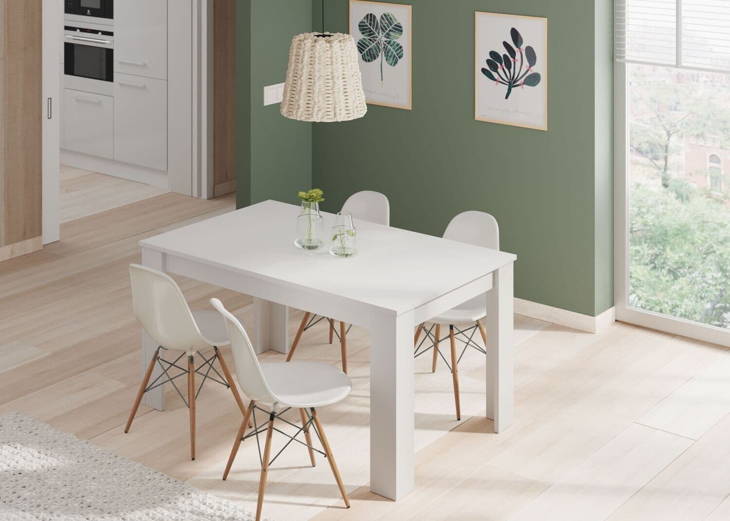 Amos Mann Furniture Tevez white extending dining table in a modern dining room setting